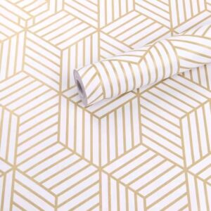 Self Adhesive Wallpaper - White with Gold Stripes - 0.45 by 10 Meters